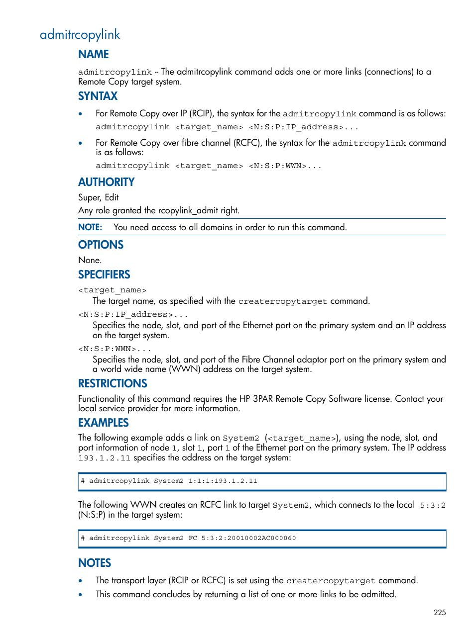 Admitrcopylink, Name, Syntax | Authority, Options, Specifiers, Restrictions, Examples | HP 3PAR Operating System Software User Manual | Page 225 / 292