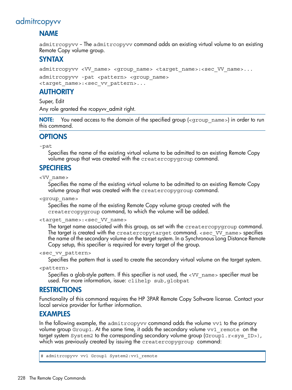 Admitrcopyvv, Name, Syntax | Authority, Options, Specifiers, Restrictions, Examples | HP 3PAR Operating System Software User Manual | Page 228 / 292