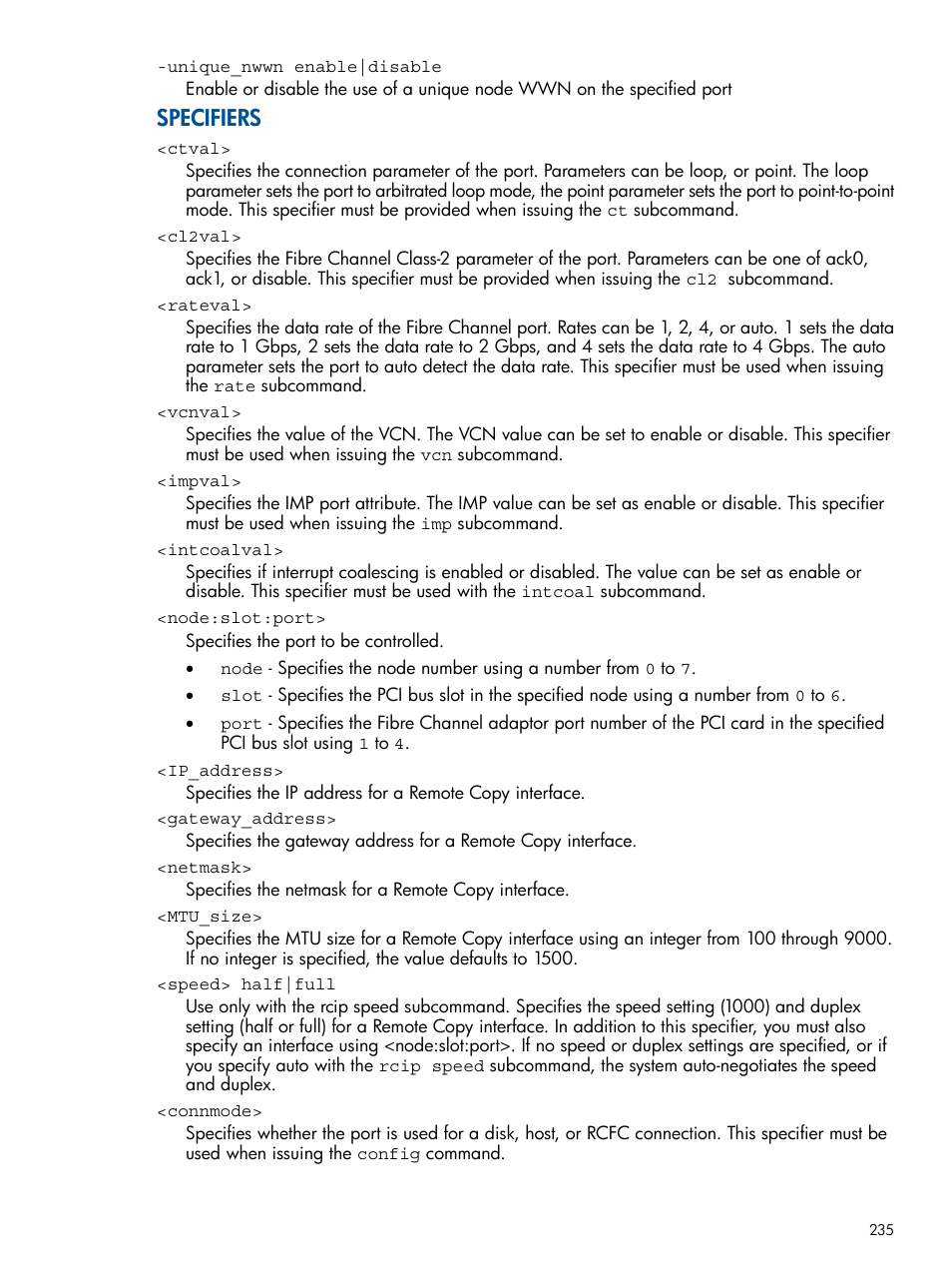 Specifiers | HP 3PAR Operating System Software User Manual | Page 235 / 292