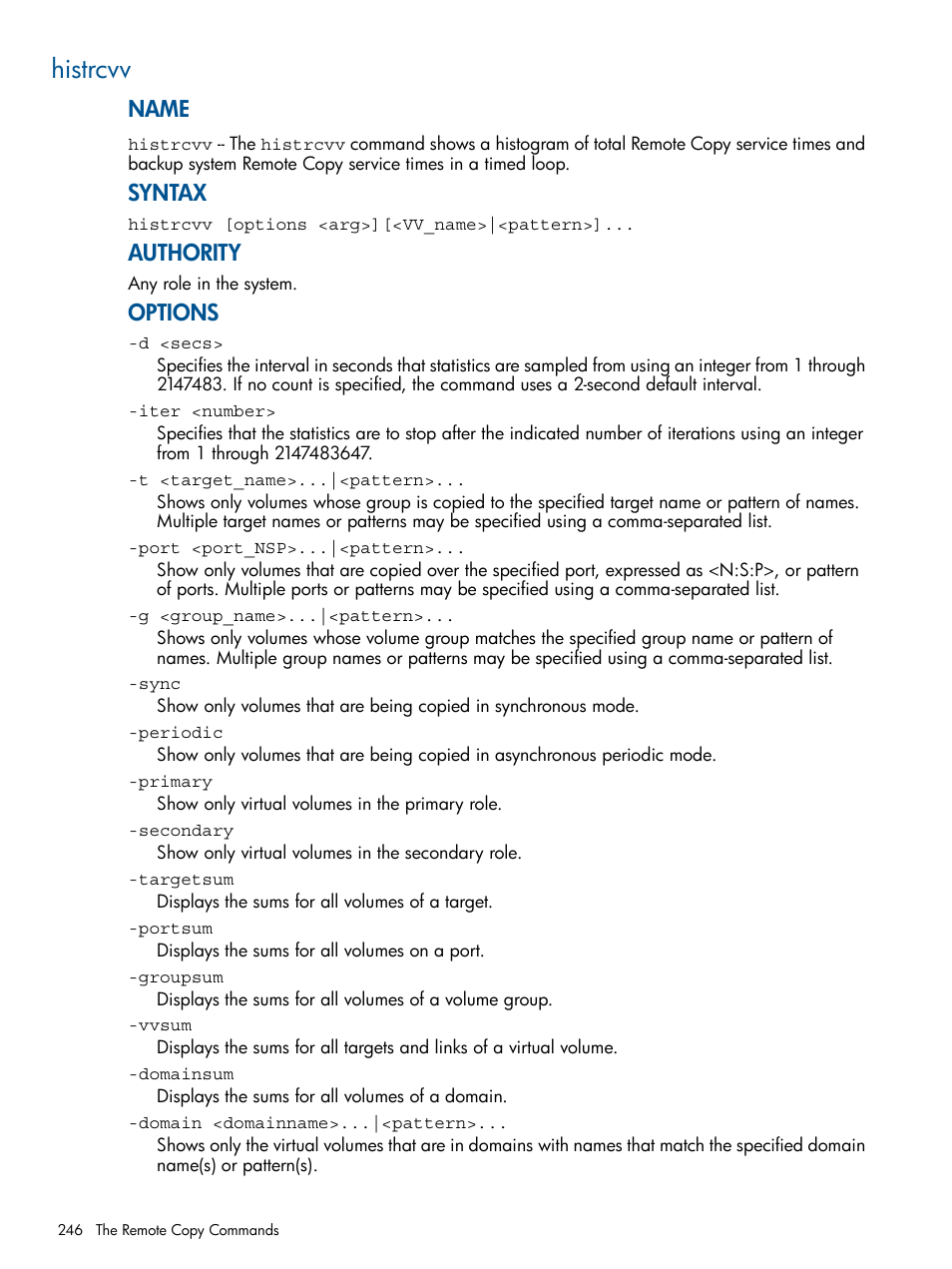 Histrcvv, Name, Syntax | Authority, Options | HP 3PAR Operating System Software User Manual | Page 246 / 292