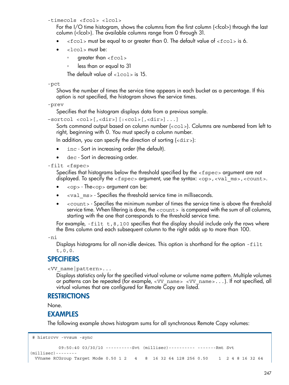 Specifiers, Restrictions, Examples | HP 3PAR Operating System Software User Manual | Page 247 / 292