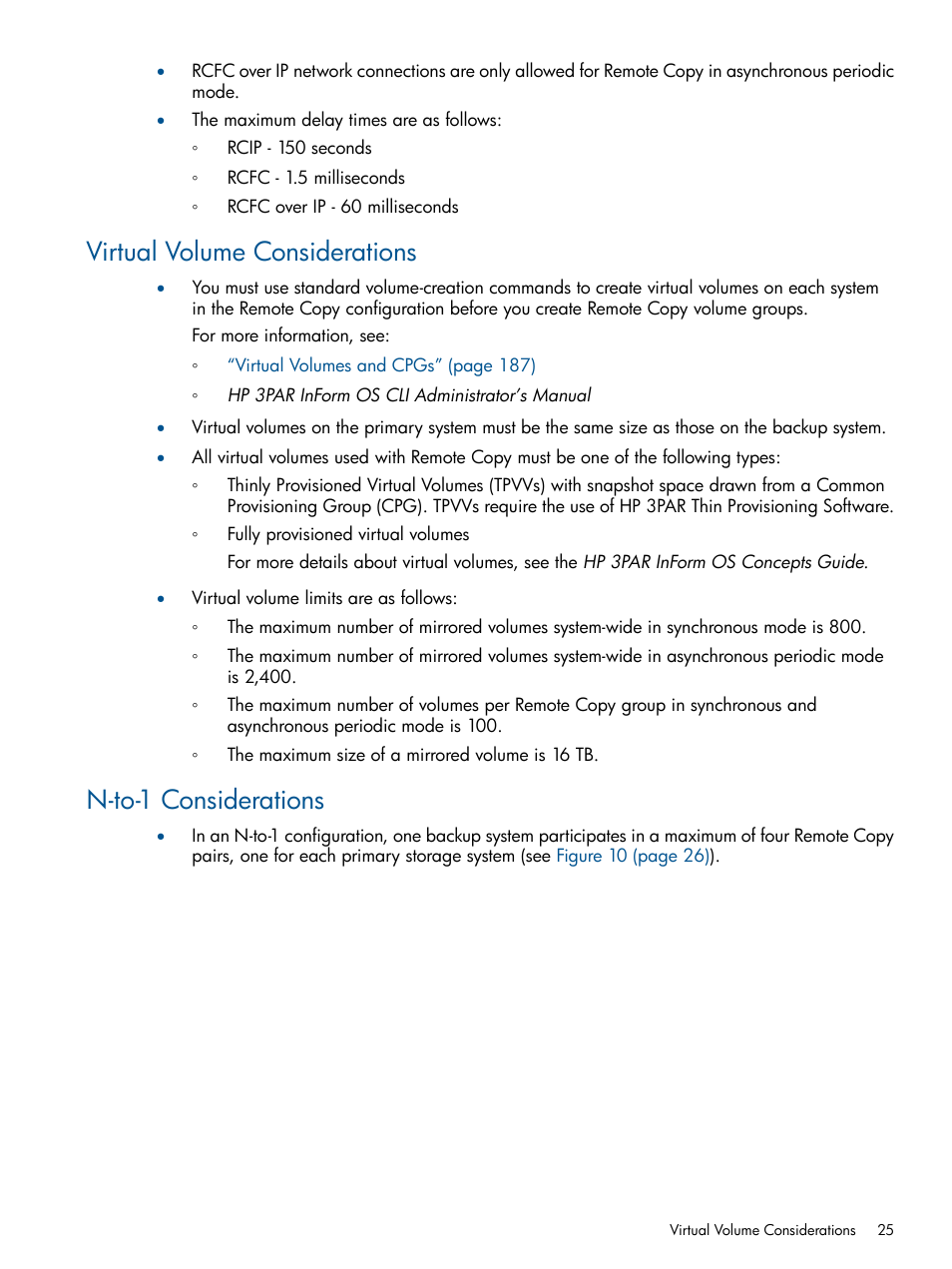 Virtual volume considerations, N-to-1 considerations | HP 3PAR Operating System Software User Manual | Page 25 / 292