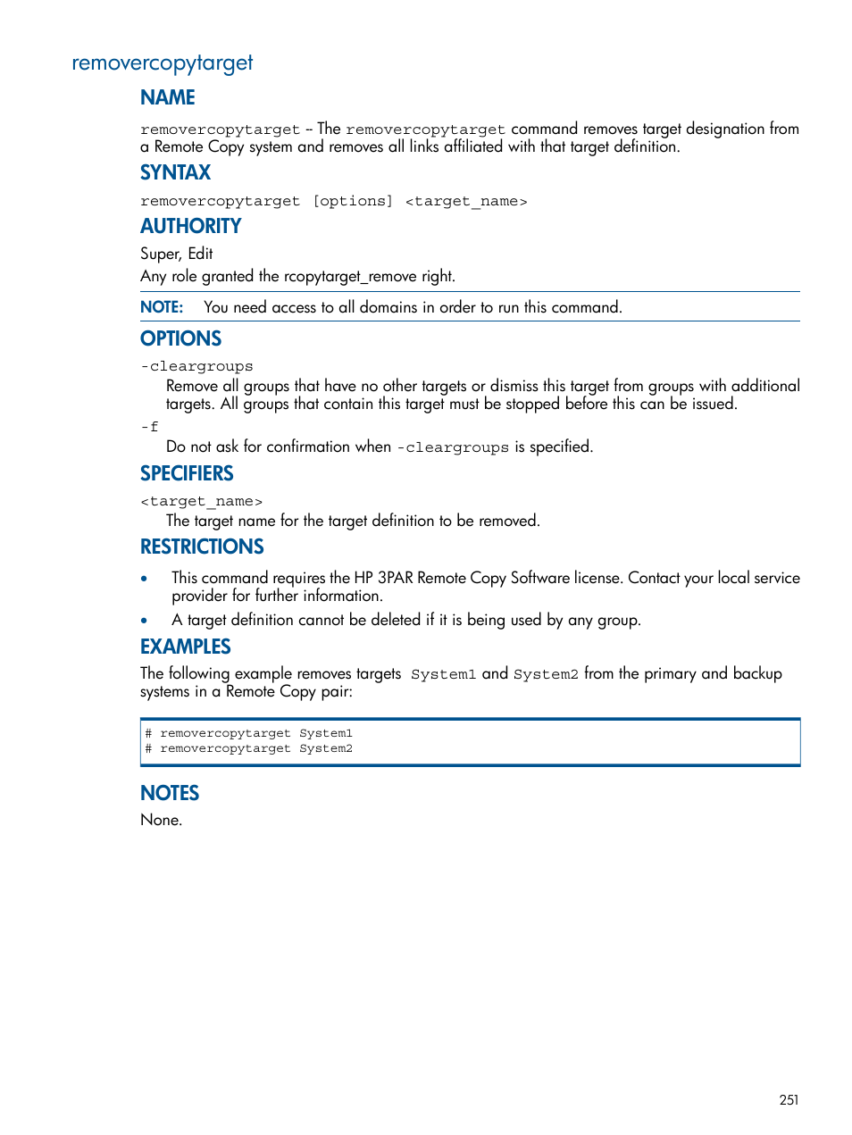 Removercopytarget, Name, Syntax | Authority, Options, Specifiers, Restrictions, Examples | HP 3PAR Operating System Software User Manual | Page 251 / 292