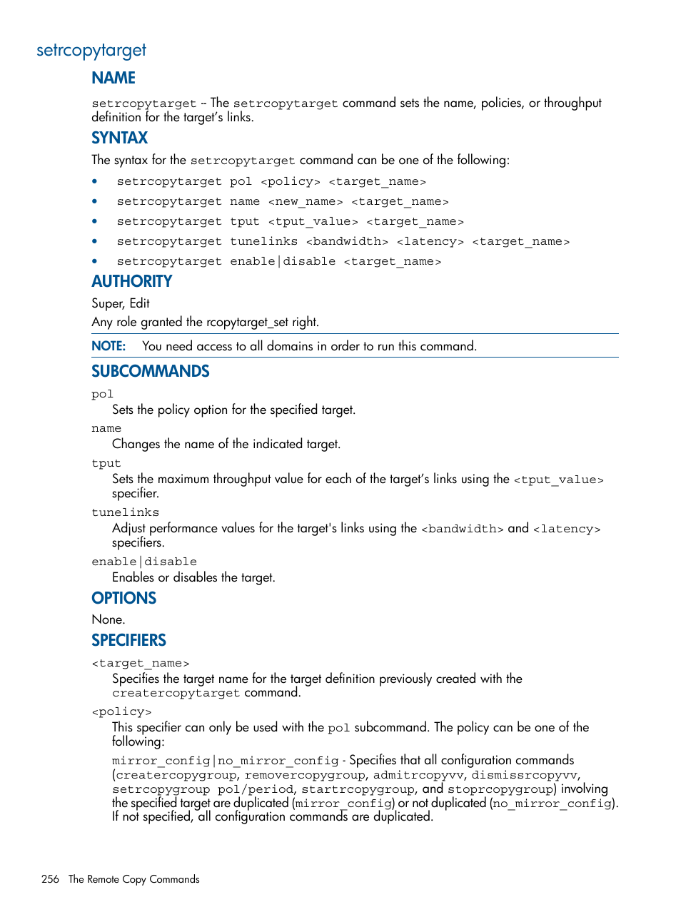 Setrcopytarget, Name, Syntax | Authority, Subcommands, Options, Specifiers | HP 3PAR Operating System Software User Manual | Page 256 / 292