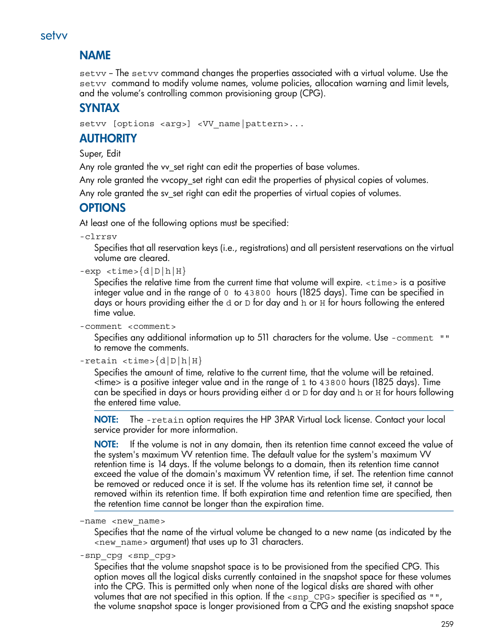 Setvv, Name, Syntax | Authority, Options | HP 3PAR Operating System Software User Manual | Page 259 / 292