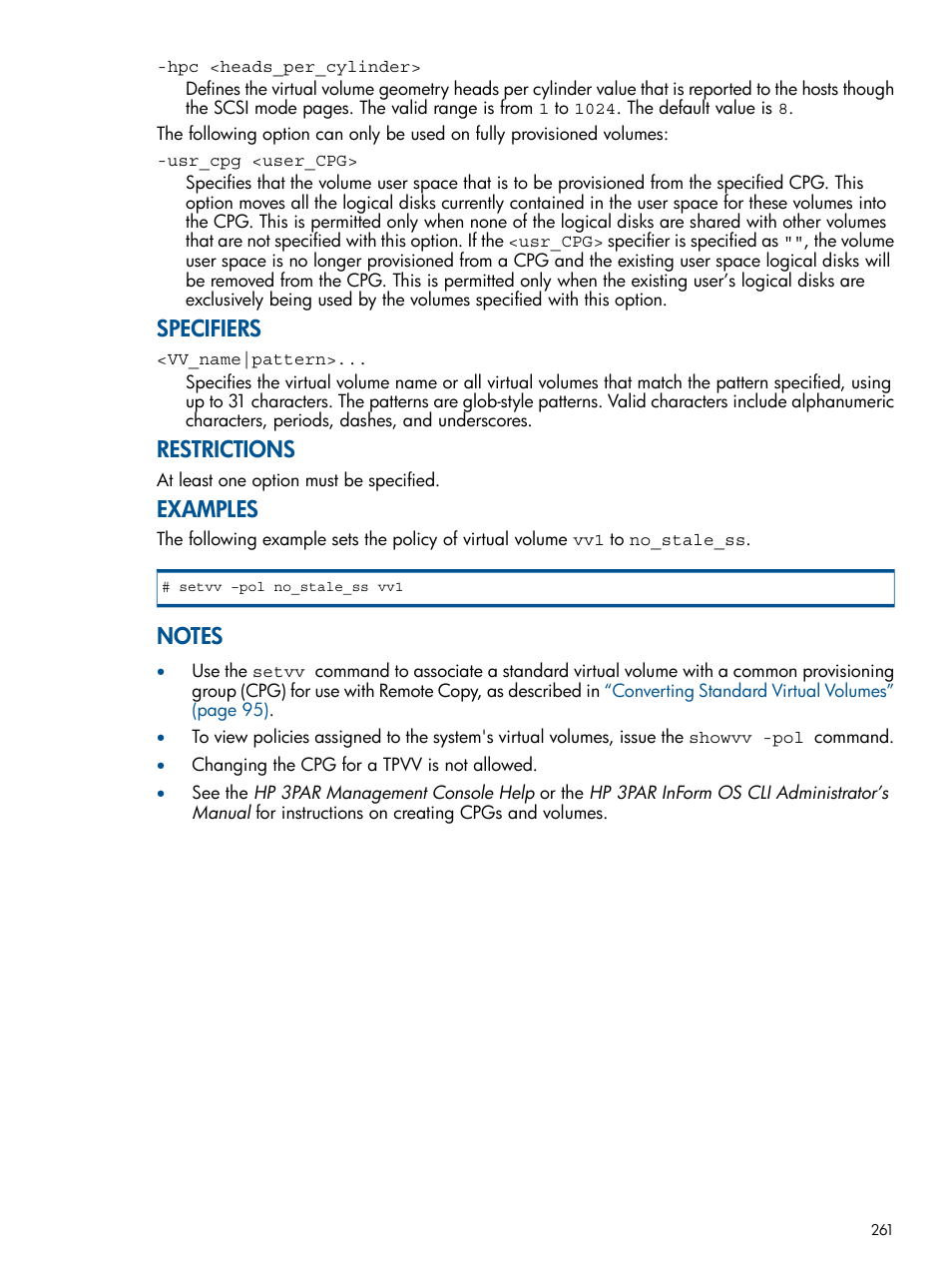 Specifiers, Restrictions, Examples | HP 3PAR Operating System Software User Manual | Page 261 / 292