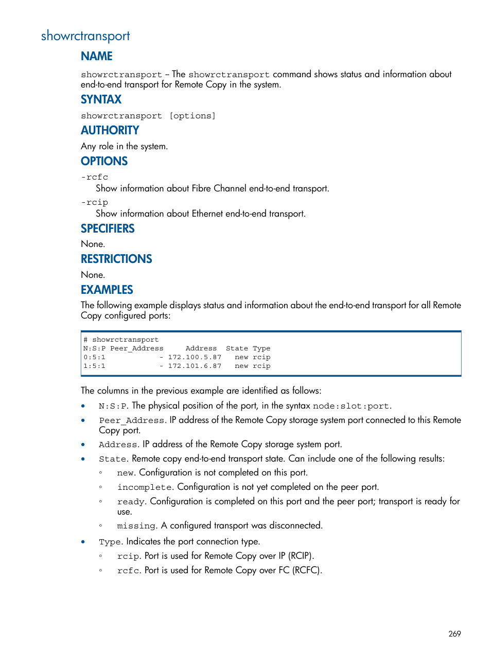 Showrctransport, Name, Syntax | Authority, Options, Specifiers, Restrictions, Examples | HP 3PAR Operating System Software User Manual | Page 269 / 292