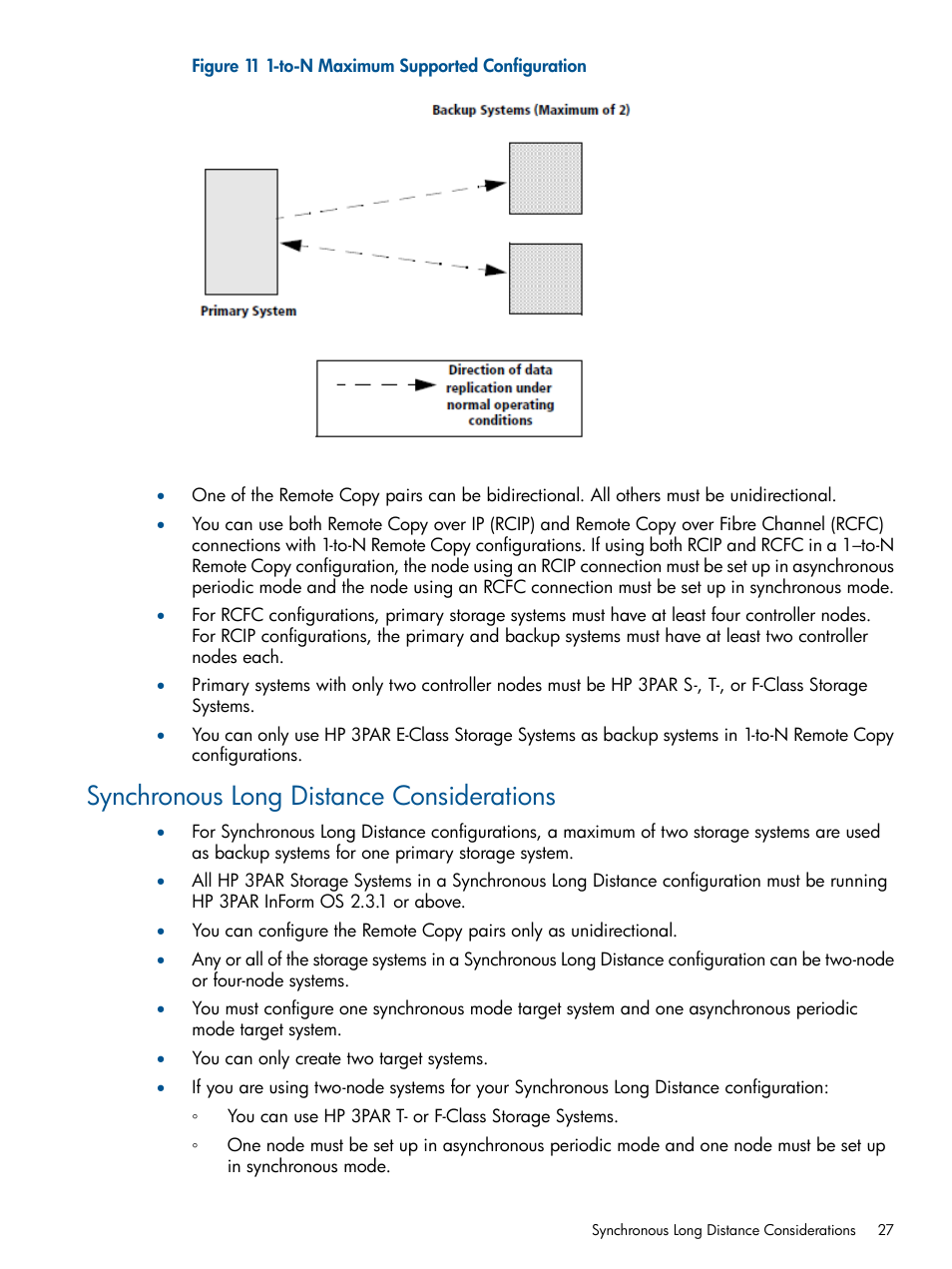 Synchronous long distance considerations | HP 3PAR Operating System Software User Manual | Page 27 / 292