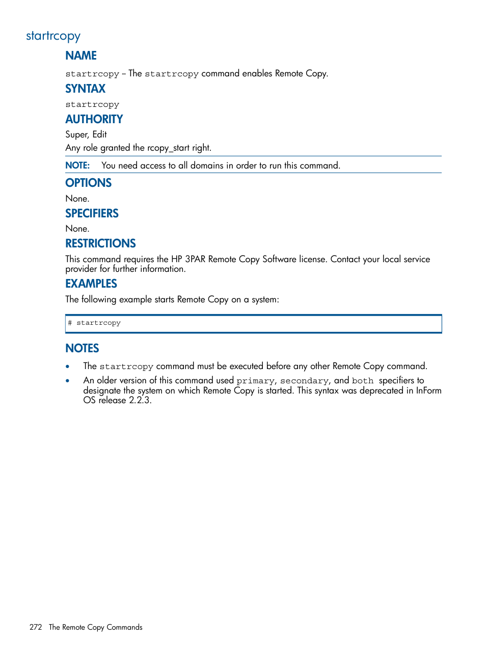 Startrcopy | HP 3PAR Operating System Software User Manual | Page 272 / 292