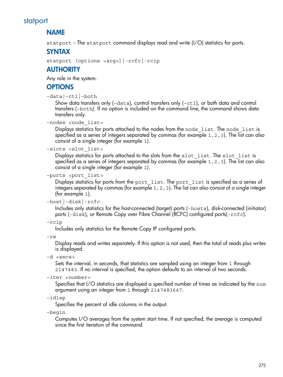 Statport, Name, Syntax | Authority, Options | HP 3PAR Operating System Software User Manual | Page 275 / 292