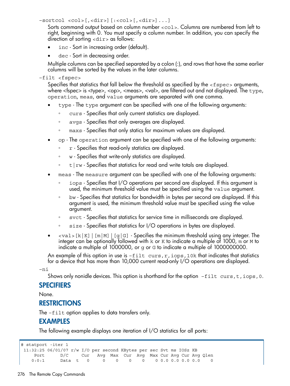 Specifiers, Restrictions, Examples | HP 3PAR Operating System Software User Manual | Page 276 / 292