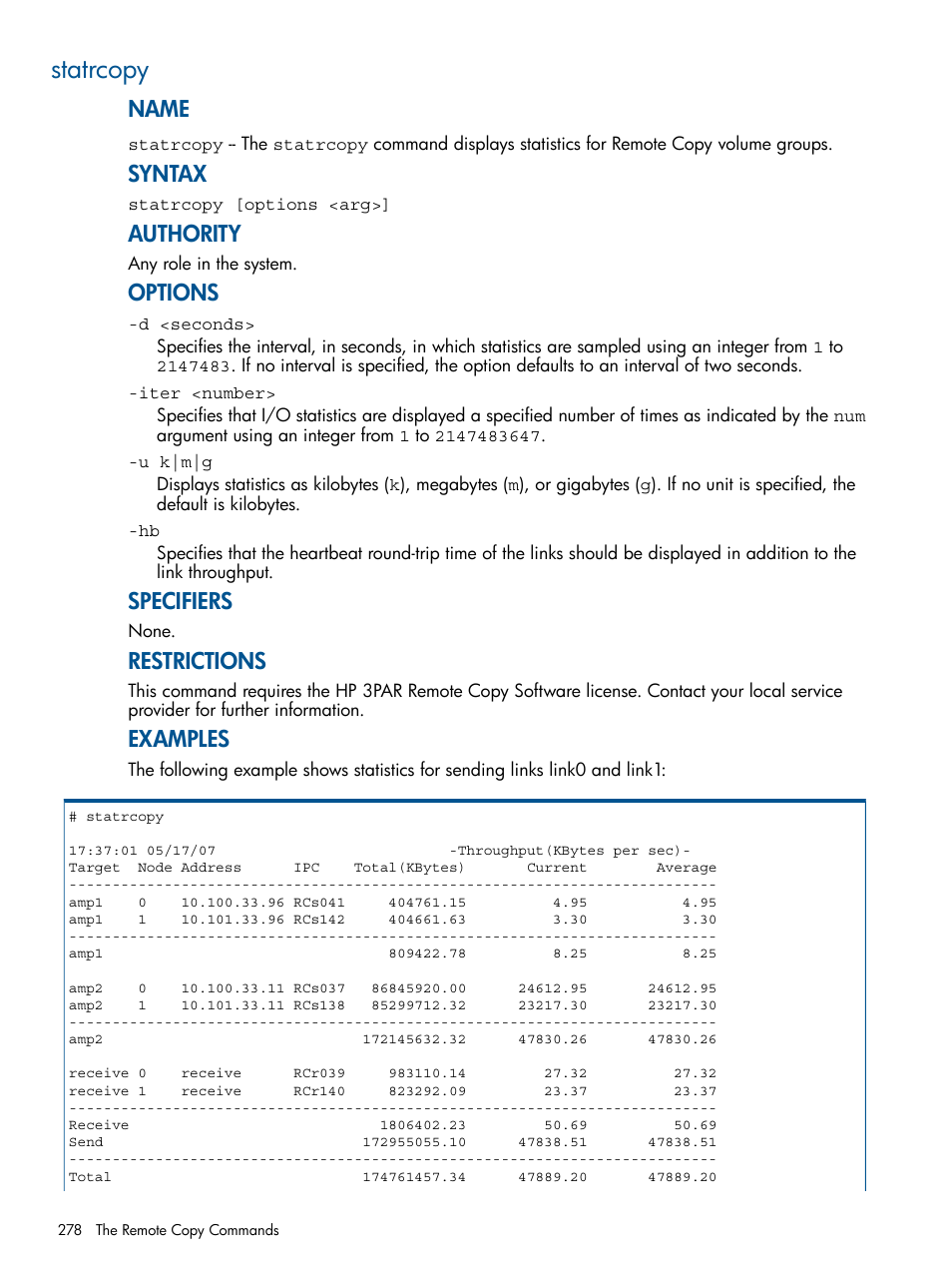 Statrcopy, Name, Syntax | Authority, Options, Specifiers, Restrictions, Examples | HP 3PAR Operating System Software User Manual | Page 278 / 292