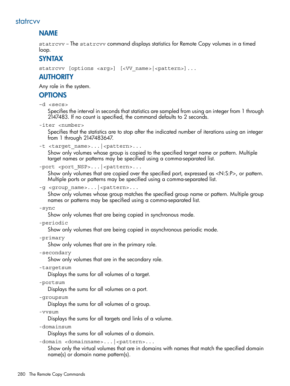 Statrcvv, Name, Syntax | Authority, Options | HP 3PAR Operating System Software User Manual | Page 280 / 292