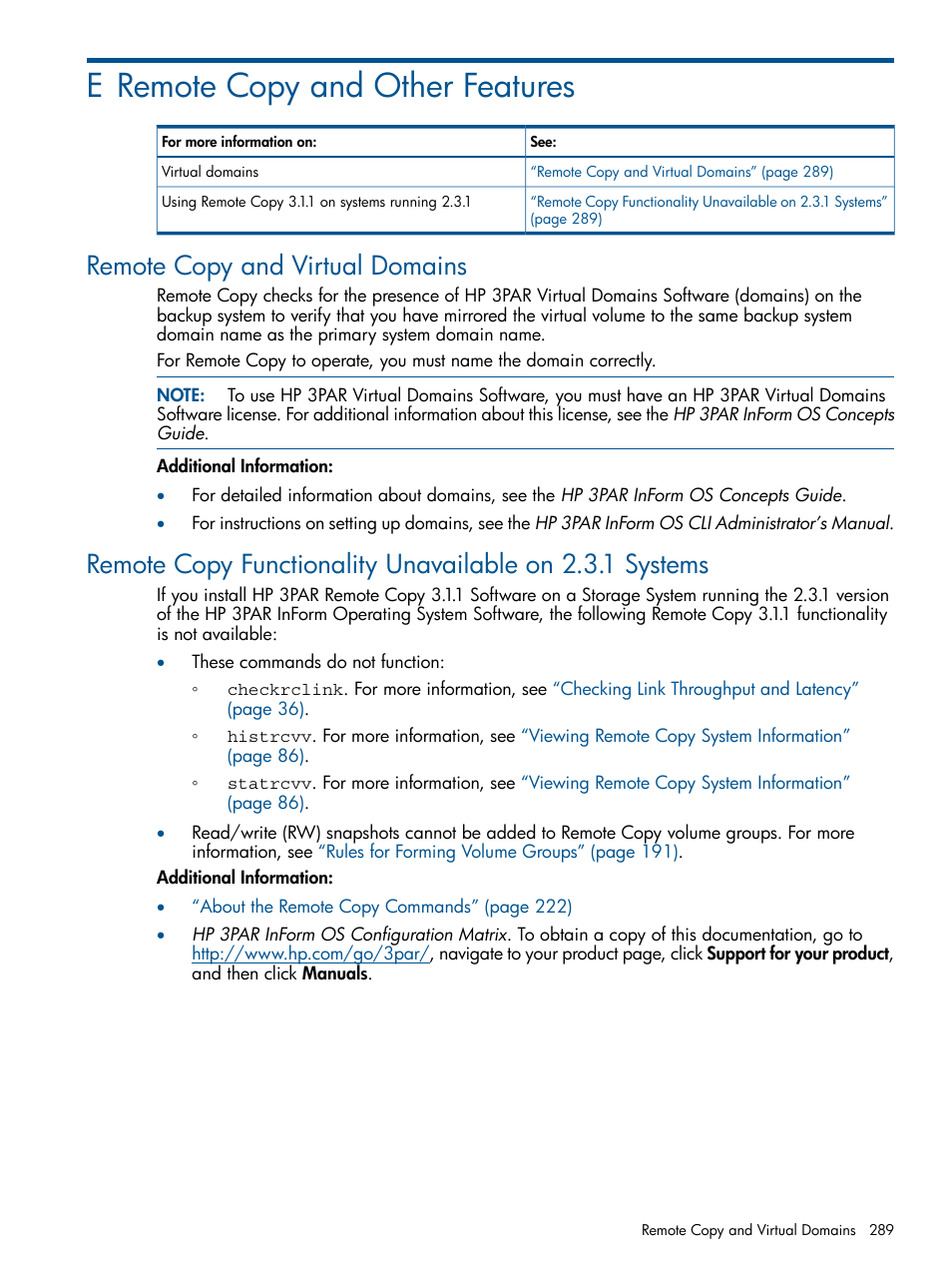 E remote copy and other features, Remote copy and virtual domains | HP 3PAR Operating System Software User Manual | Page 289 / 292