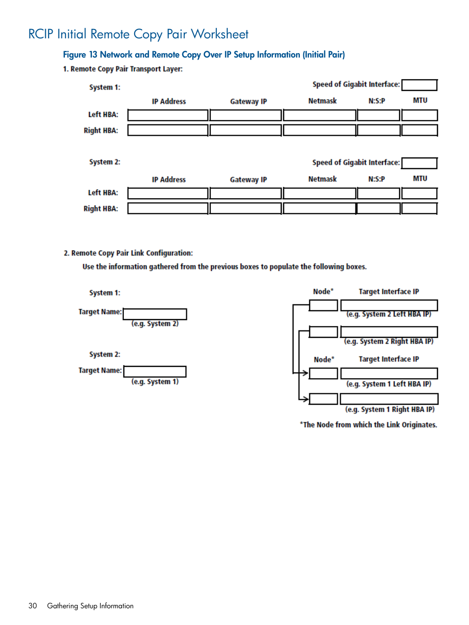 Rcip initial remote copy pair worksheet | HP 3PAR Operating System Software User Manual | Page 30 / 292