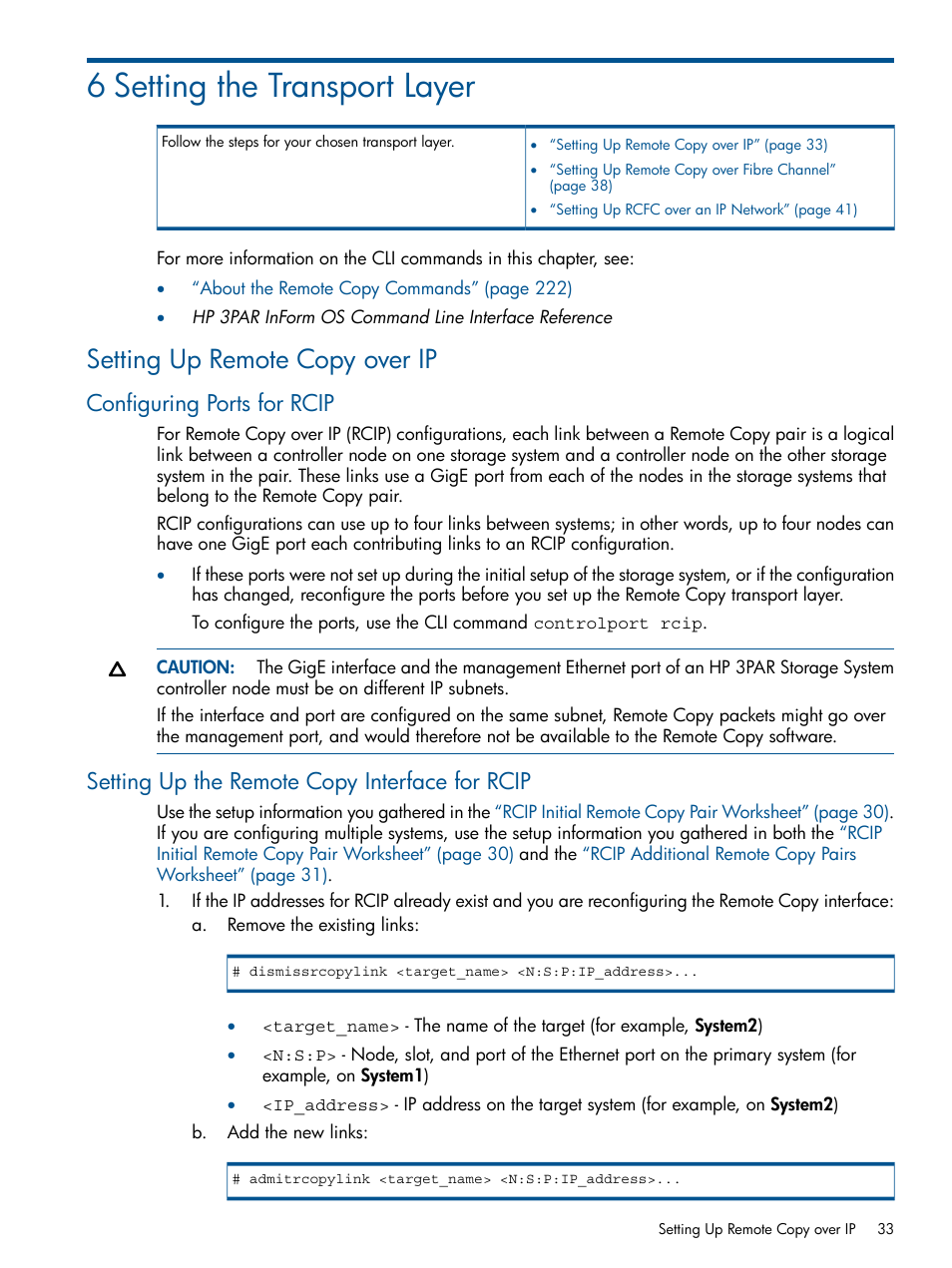 6 setting the transport layer, Setting up remote copy over ip, Configuring ports for rcip | Setting up the remote copy interface for rcip | HP 3PAR Operating System Software User Manual | Page 33 / 292