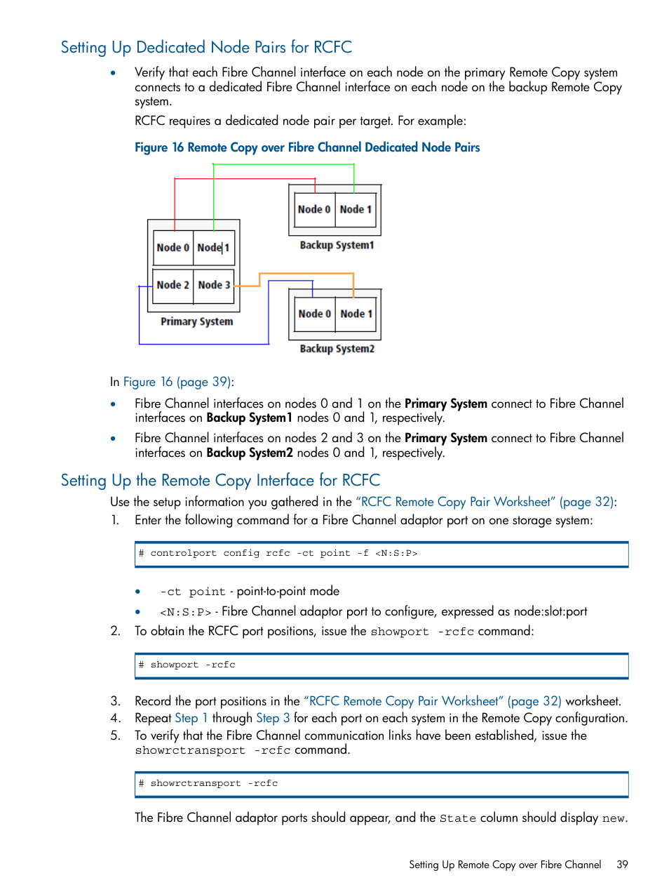 Setting up dedicated node pairs for rcfc, Setting up the remote copy interface for rcfc | HP 3PAR Operating System Software User Manual | Page 39 / 292