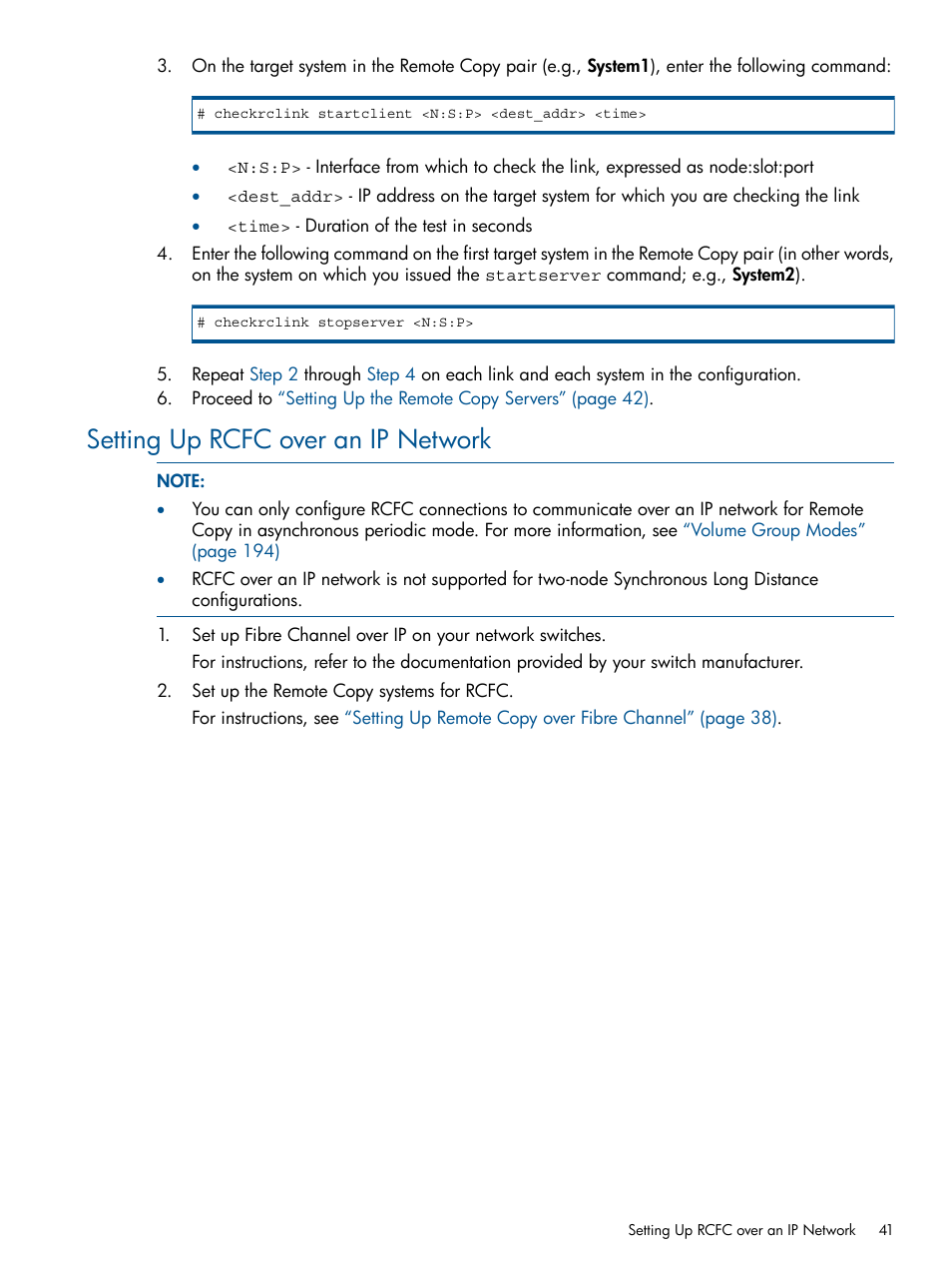 Setting up rcfc over an ip network | HP 3PAR Operating System Software User Manual | Page 41 / 292