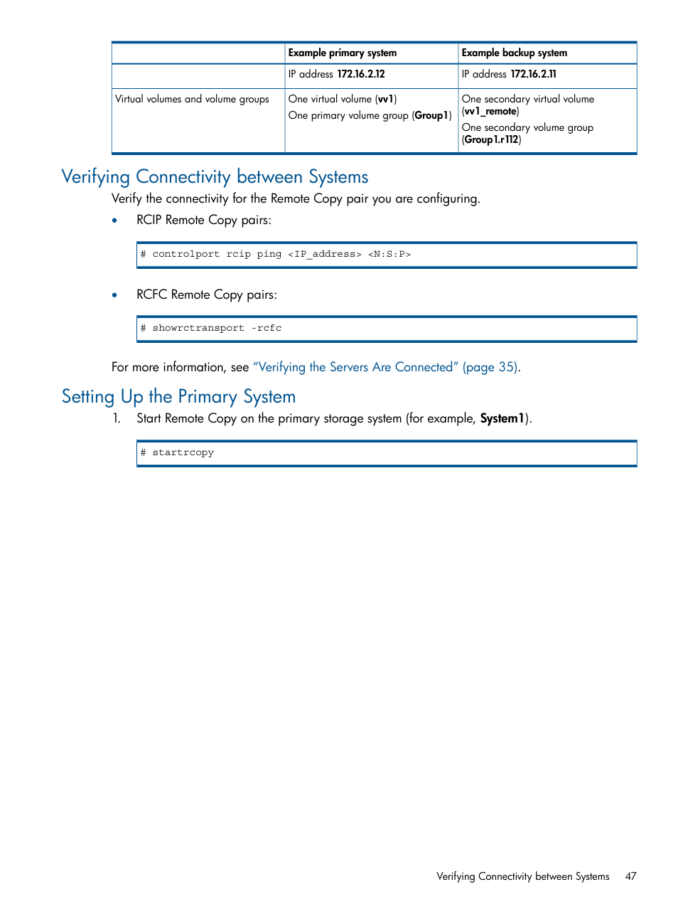 Verifying connectivity between systems, Setting up the primary system | HP 3PAR Operating System Software User Manual | Page 47 / 292