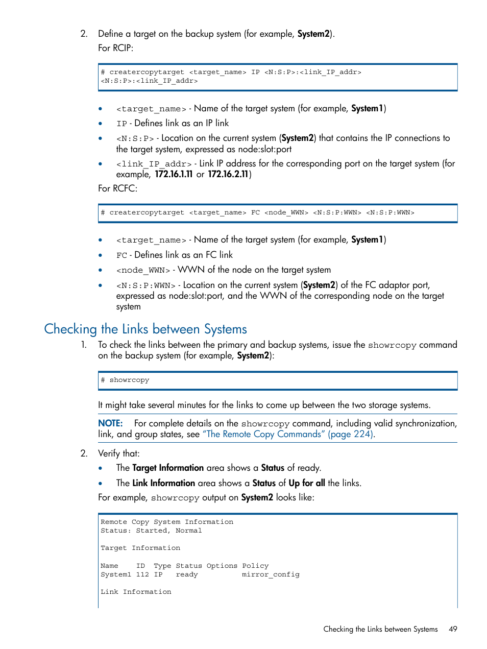 Checking the links between systems | HP 3PAR Operating System Software User Manual | Page 49 / 292