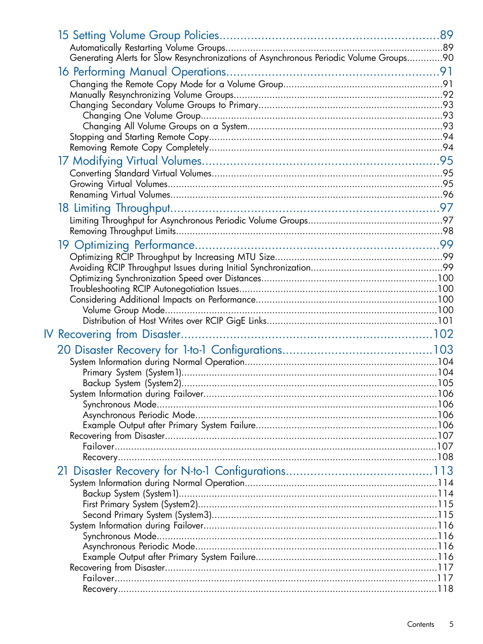 15 setting volume group policies, 16 performing manual operations, 17 modifying virtual volumes | 18 limiting throughput, 19 optimizing performance, 21 disaster recovery for n-to-1 configurations | HP 3PAR Operating System Software User Manual | Page 5 / 292