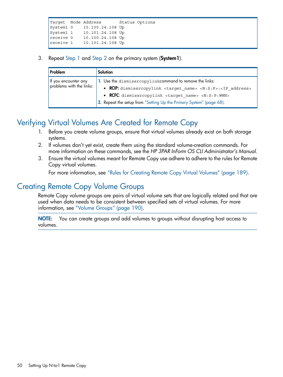 Creating remote copy volume groups | HP 3PAR Operating System Software User Manual | Page 50 / 292