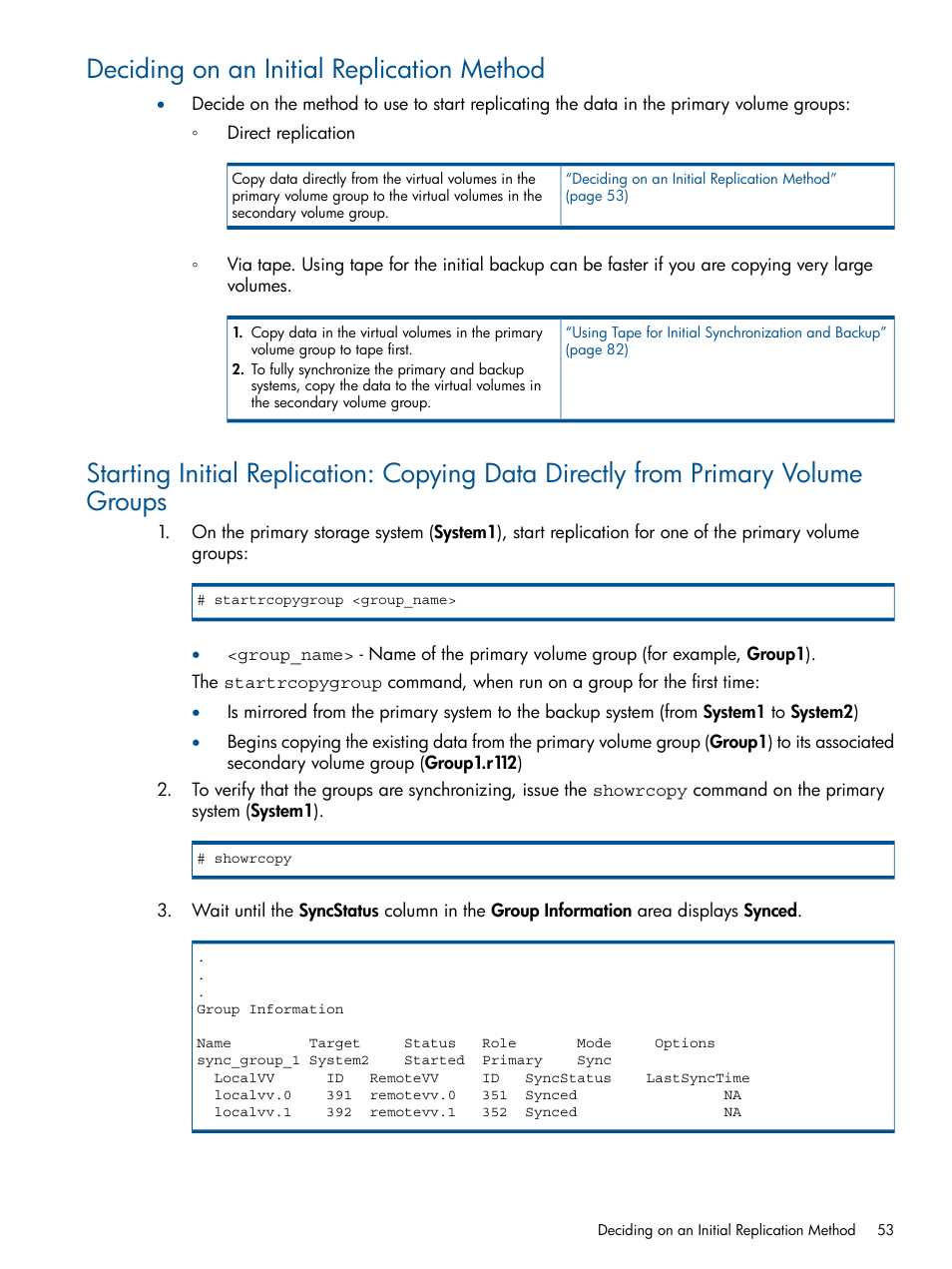 Deciding on an initial replication method | HP 3PAR Operating System Software User Manual | Page 53 / 292