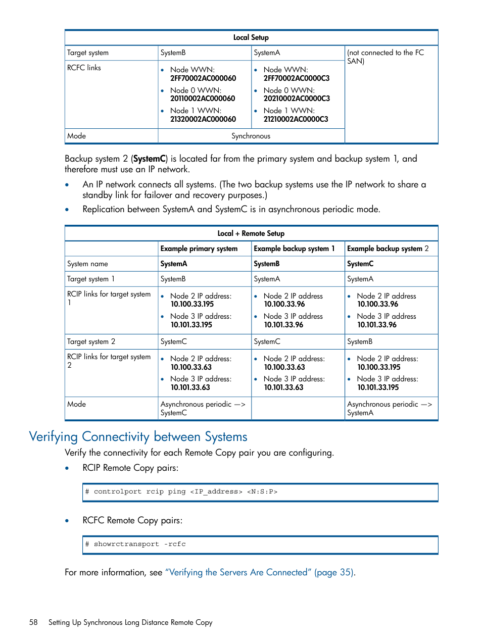Verifying connectivity between systems | HP 3PAR Operating System Software User Manual | Page 58 / 292
