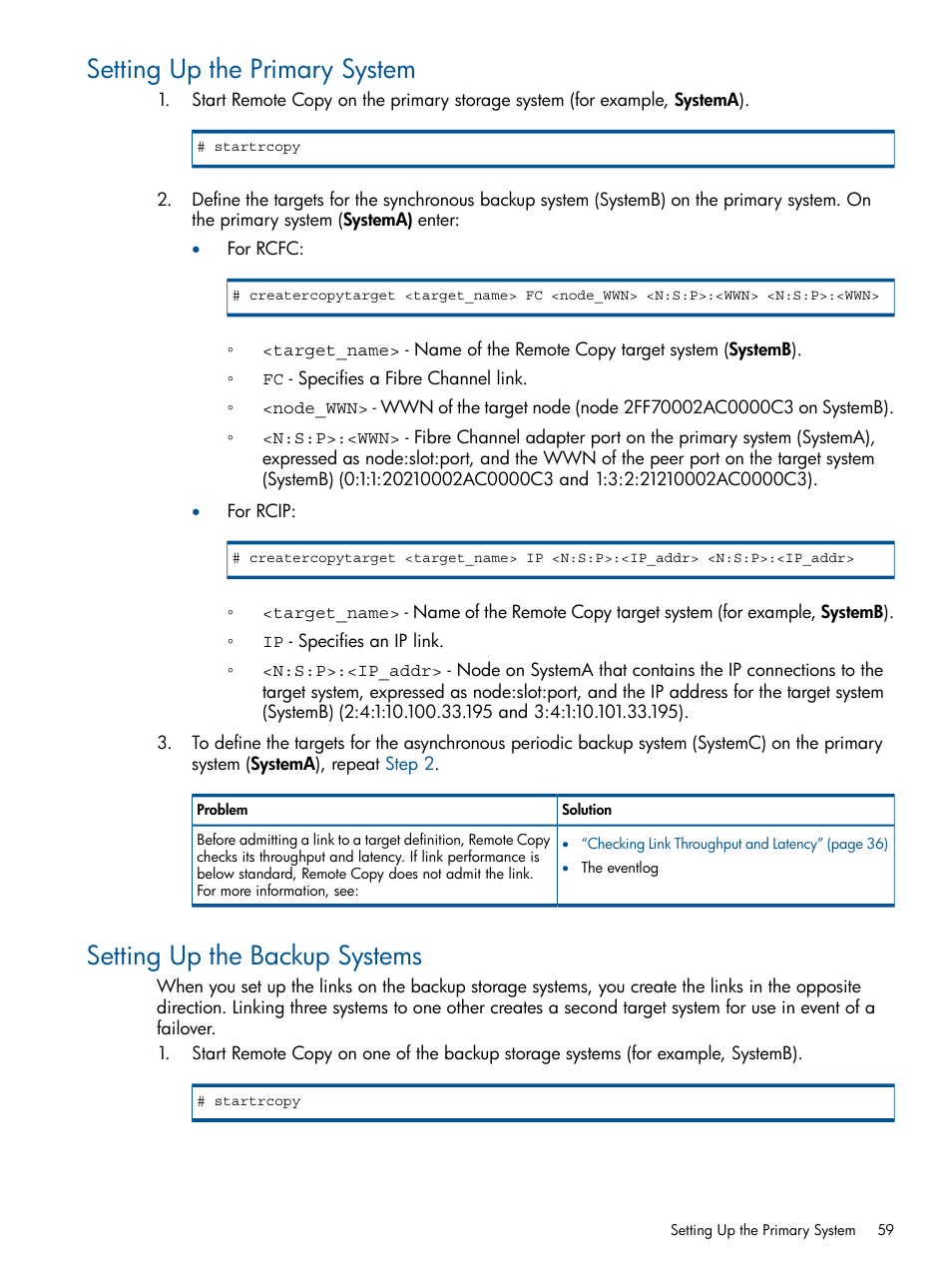 Setting up the primary system, Setting up the backup systems | HP 3PAR Operating System Software User Manual | Page 59 / 292