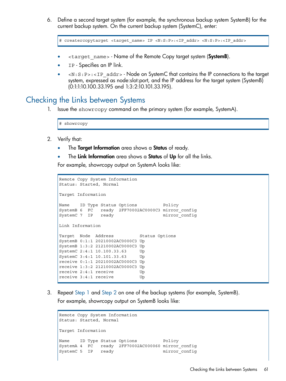 Checking the links between systems | HP 3PAR Operating System Software User Manual | Page 61 / 292