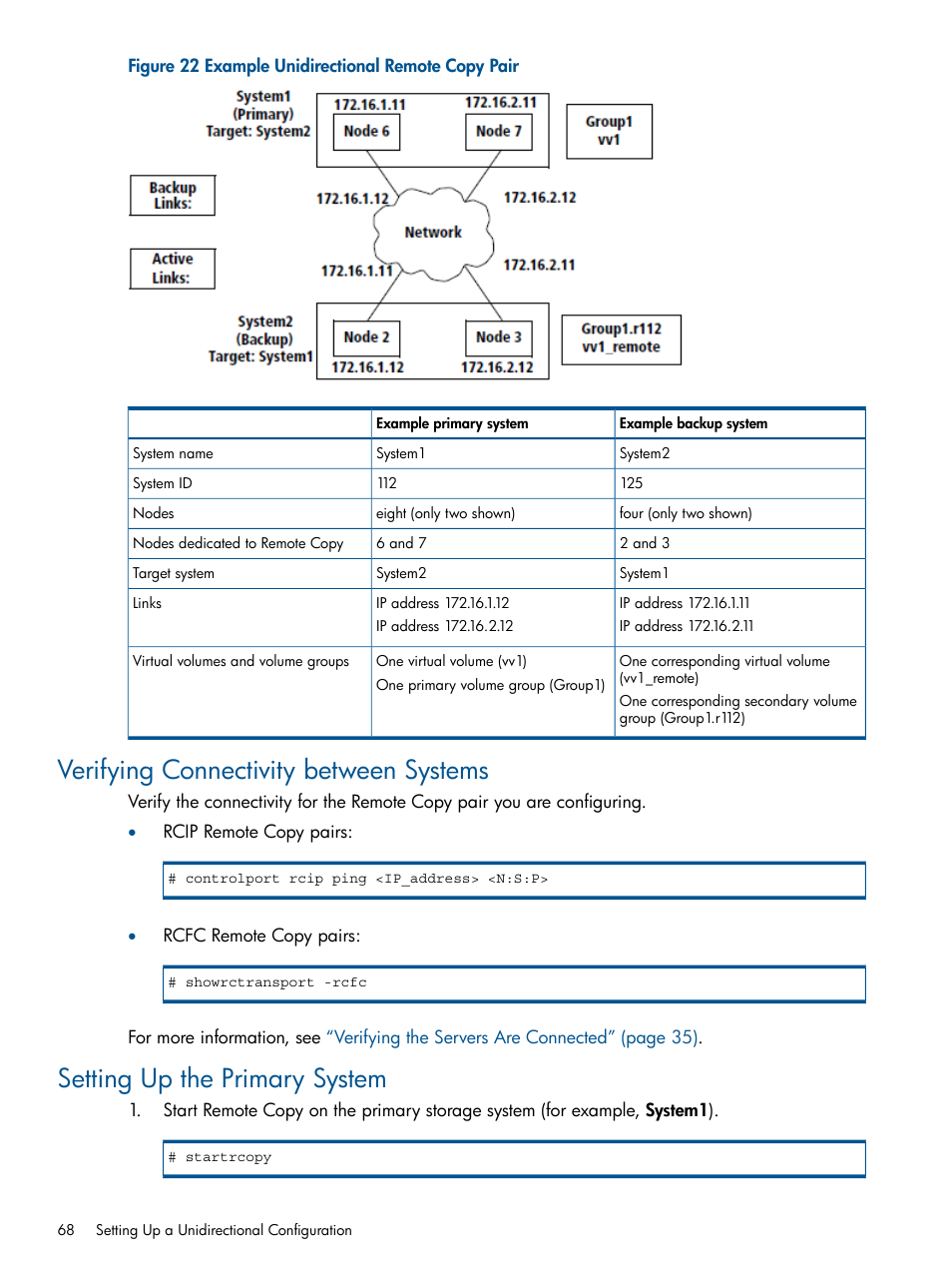 Verifying connectivity between systems, Setting up the primary system | HP 3PAR Operating System Software User Manual | Page 68 / 292