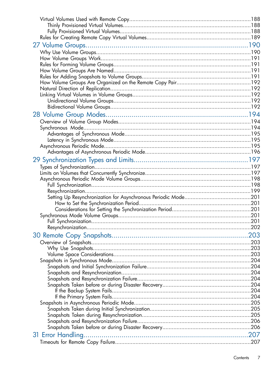 27 volume groups, 28 volume group modes, 29 synchronization types and limits | 30 remote copy snapshots, 31 error handling | HP 3PAR Operating System Software User Manual | Page 7 / 292