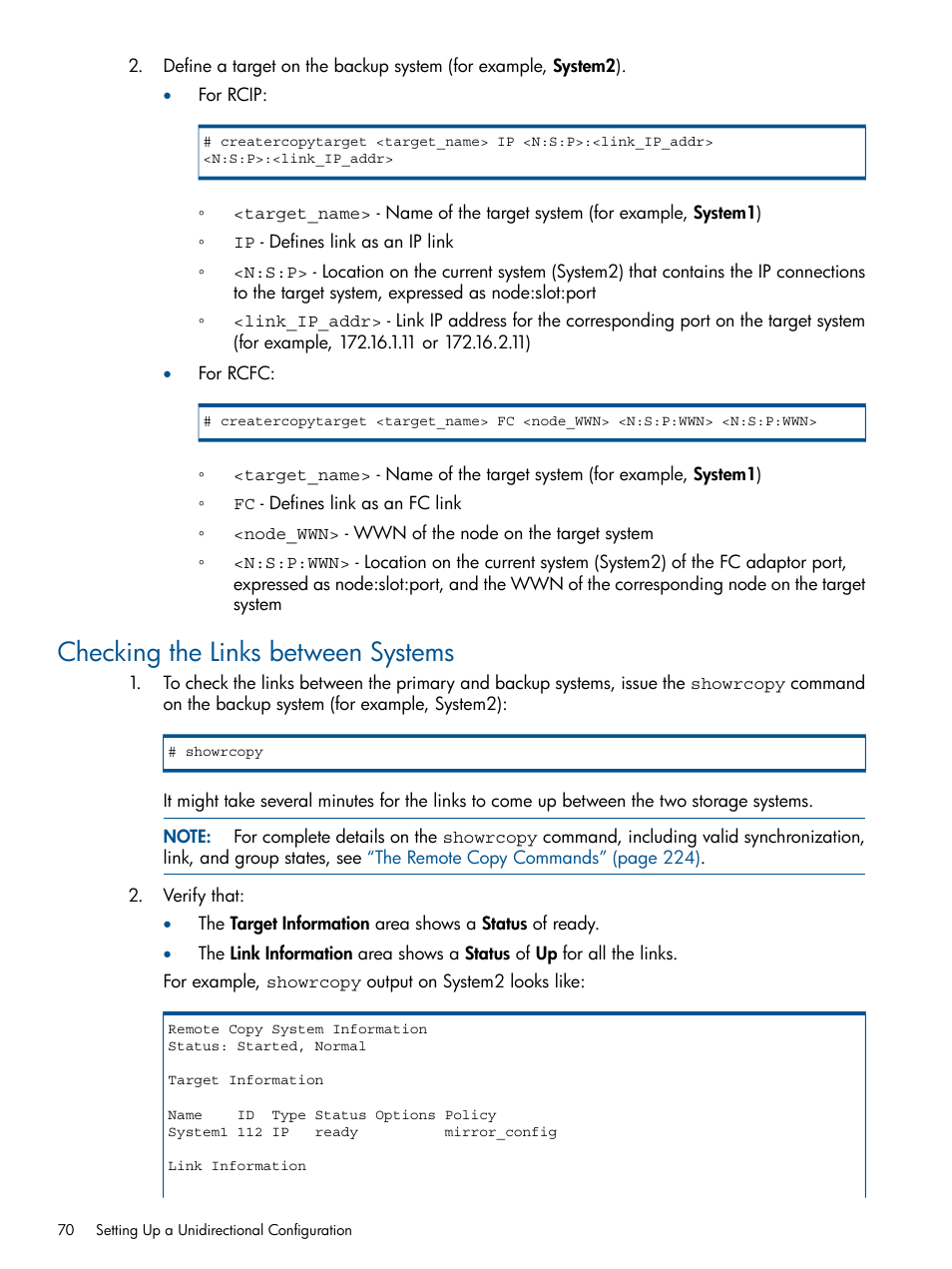 Checking the links between systems, Checking | HP 3PAR Operating System Software User Manual | Page 70 / 292