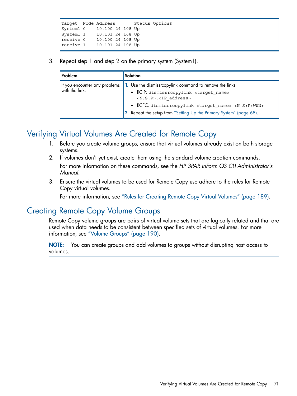 Creating remote copy volume groups | HP 3PAR Operating System Software User Manual | Page 71 / 292