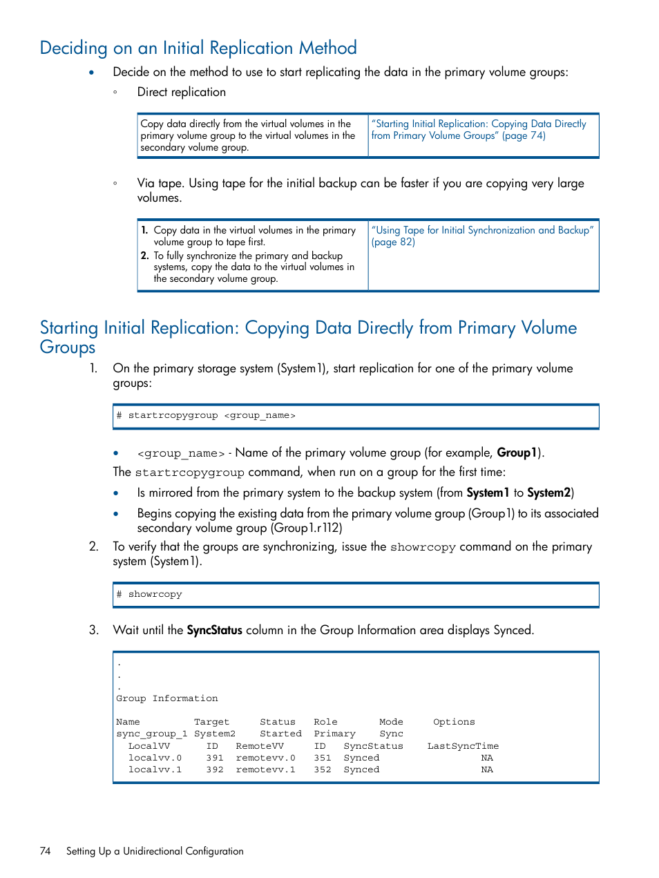 Deciding on an initial replication method | HP 3PAR Operating System Software User Manual | Page 74 / 292