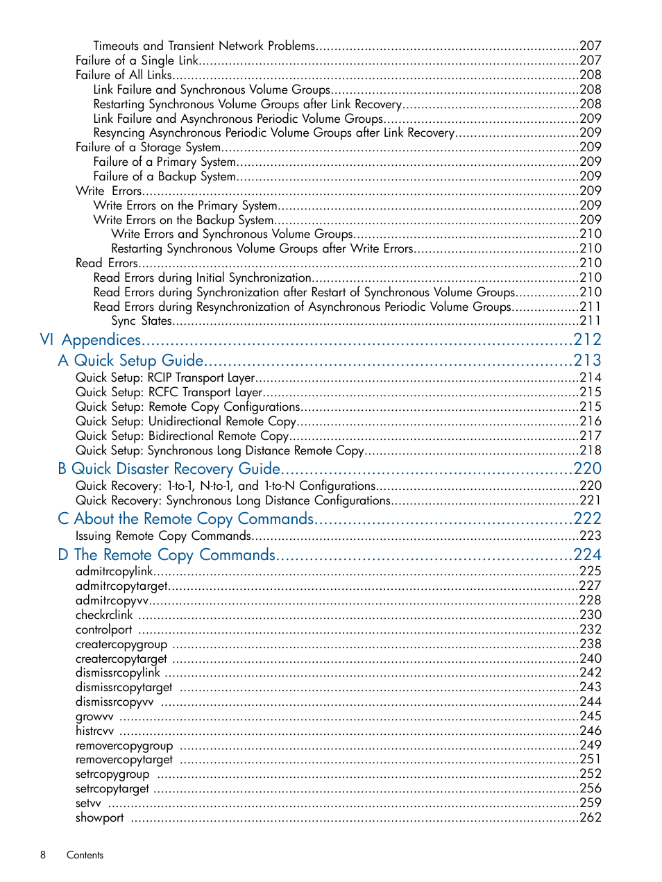 Vi appendices a quick setup guide, B quick disaster recovery guide, C about the remote copy commands | D the remote copy commands | HP 3PAR Operating System Software User Manual | Page 8 / 292