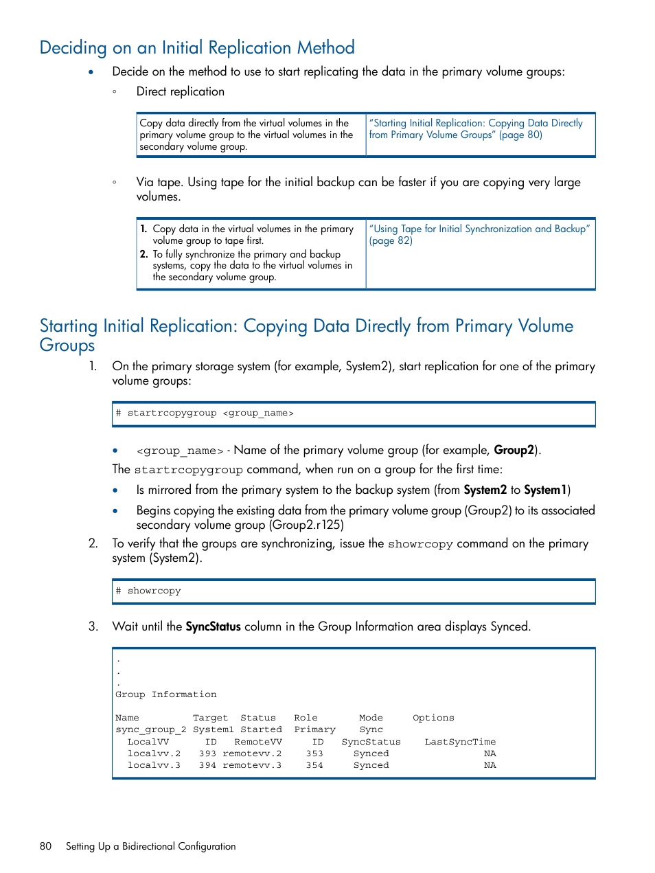 Deciding on an initial replication method | HP 3PAR Operating System Software User Manual | Page 80 / 292