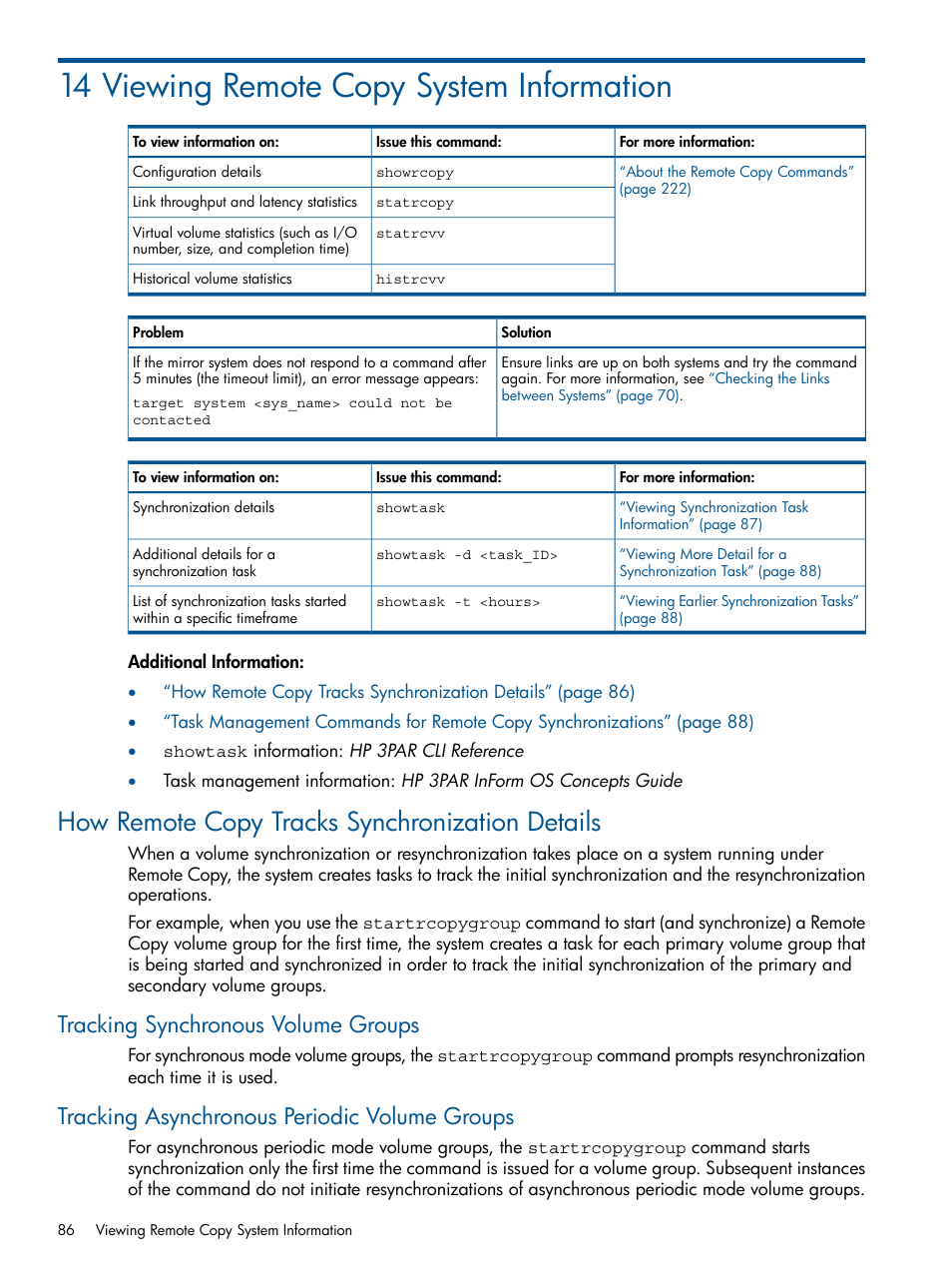 14 viewing remote copy system information, How remote copy tracks synchronization details, Tracking synchronous volume groups | Tracking asynchronous periodic volume groups | HP 3PAR Operating System Software User Manual | Page 86 / 292