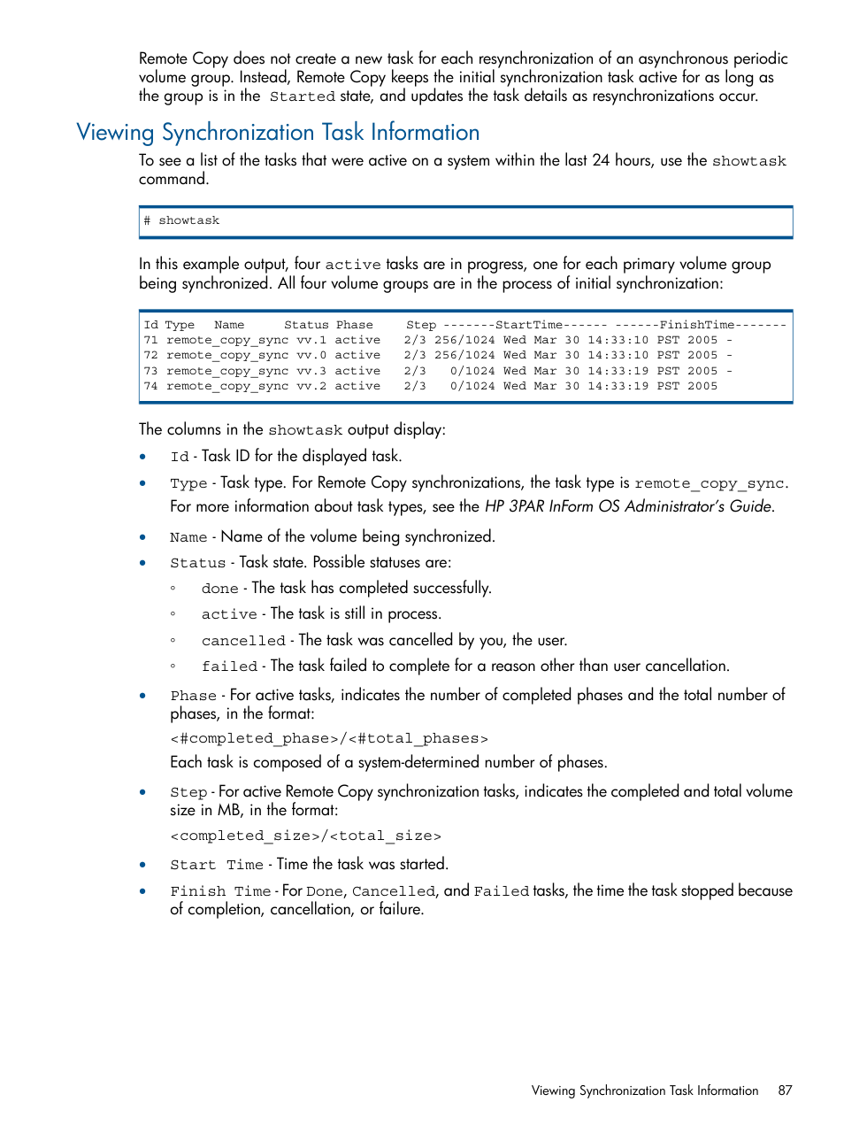 Viewing synchronization task information | HP 3PAR Operating System Software User Manual | Page 87 / 292