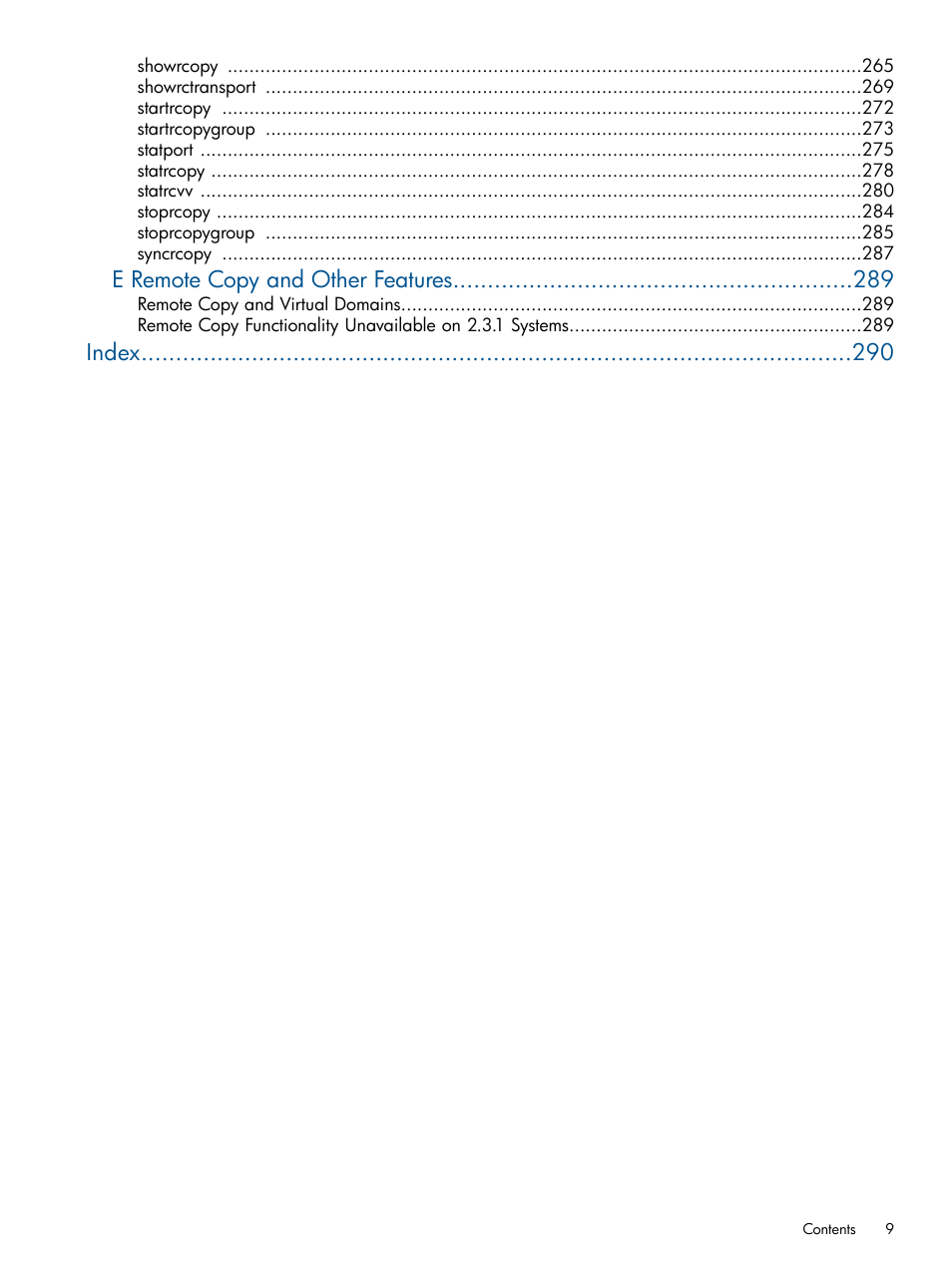 E remote copy and other features, Index | HP 3PAR Operating System Software User Manual | Page 9 / 292