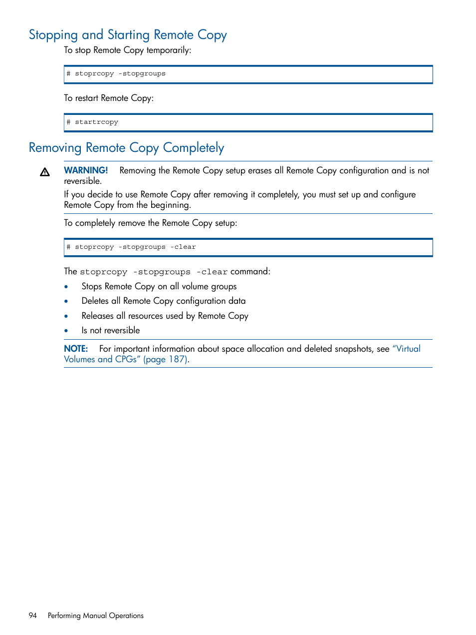 Stopping and starting remote copy, Removing remote copy completely | HP 3PAR Operating System Software User Manual | Page 94 / 292