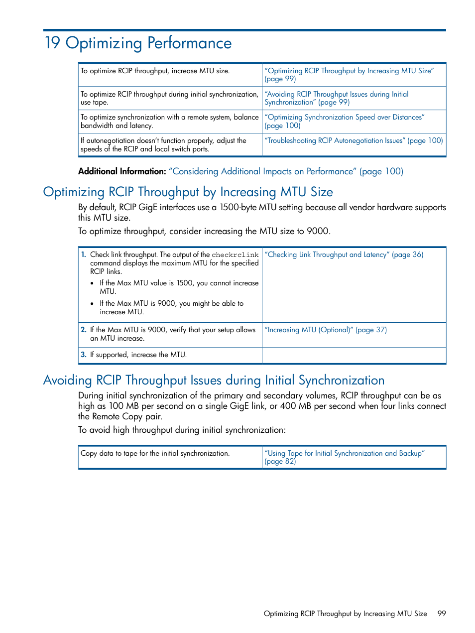 19 optimizing performance, Optimizing rcip throughput by increasing mtu size | HP 3PAR Operating System Software User Manual | Page 99 / 292