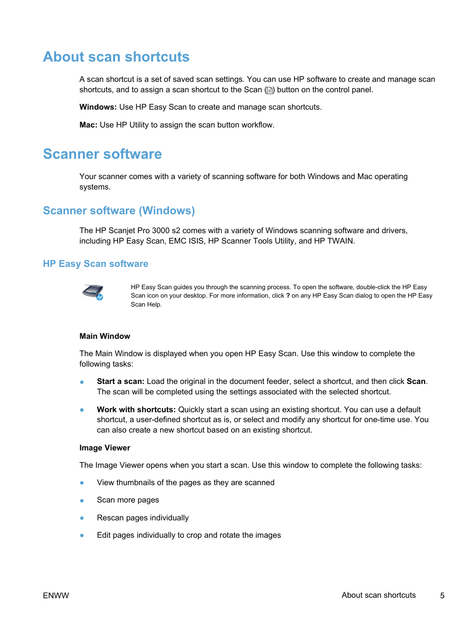 About scan shortcuts, Scanner software, Scanner software (windows) | Hp easy scan software, About scan shortcuts scanner software | HP Scanjet Pro 3000 s2 Sheet-feed Scanner User Manual | Page 11 / 60