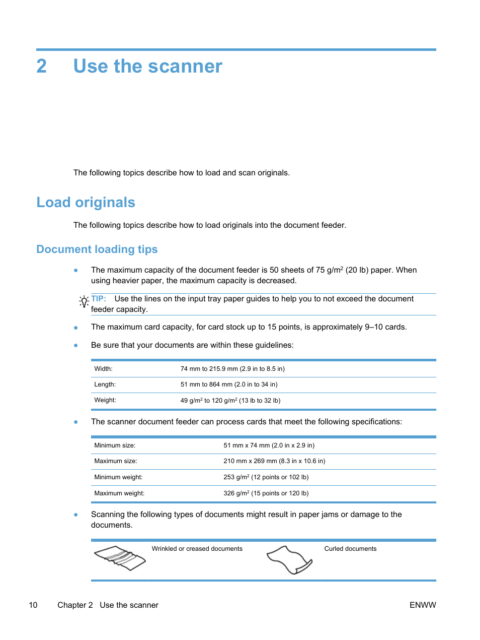 Use the scanner, Load originals, Document loading tips | 2 use the scanner, 2use the scanner | HP Scanjet Pro 3000 s2 Sheet-feed Scanner User Manual | Page 16 / 60