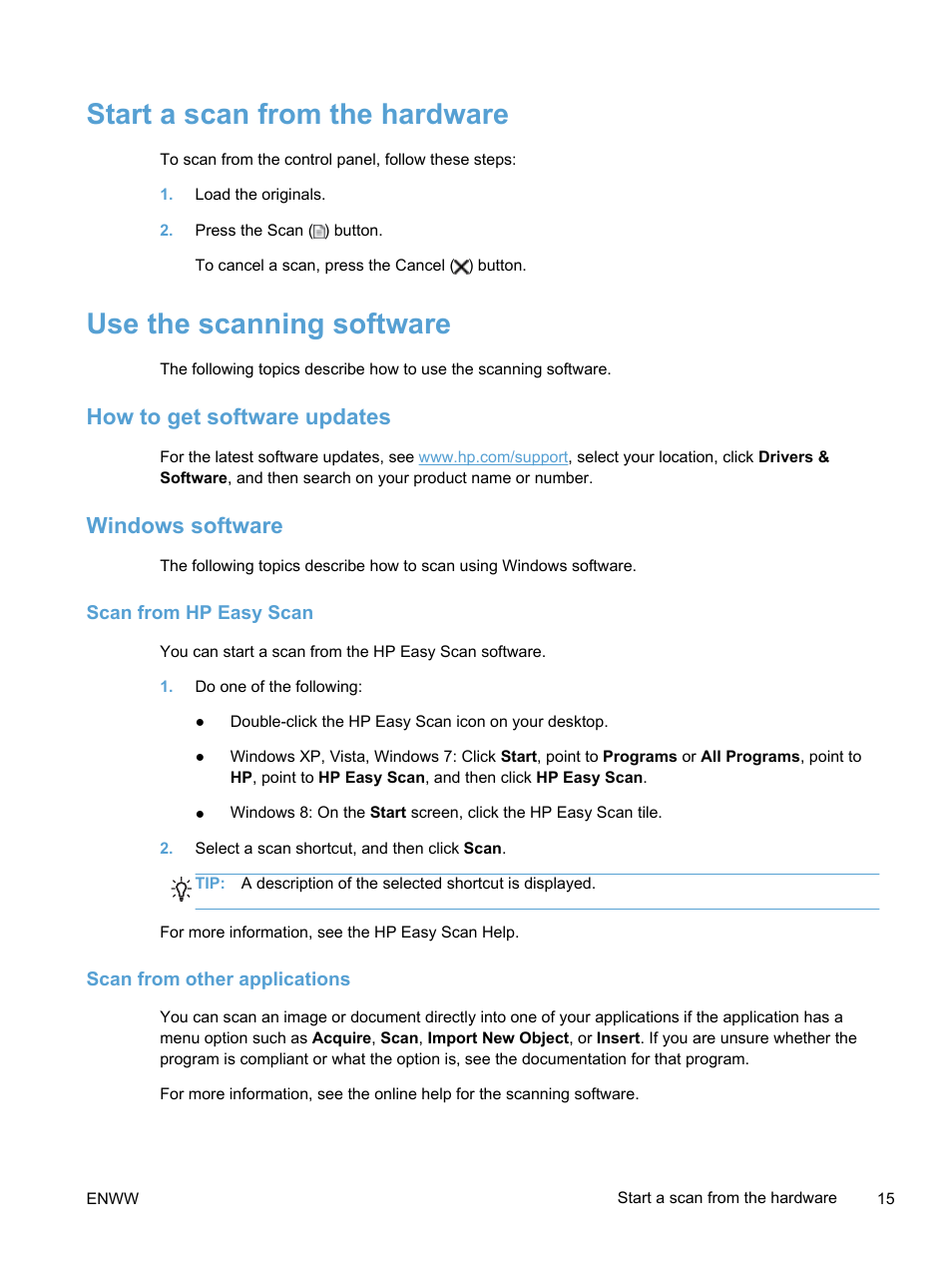 Start a scan from the hardware, Use the scanning software, How to get software updates | Windows software, Scan from hp easy scan, Scan from other applications, How to get software updates windows software | HP Scanjet Pro 3000 s2 Sheet-feed Scanner User Manual | Page 21 / 60