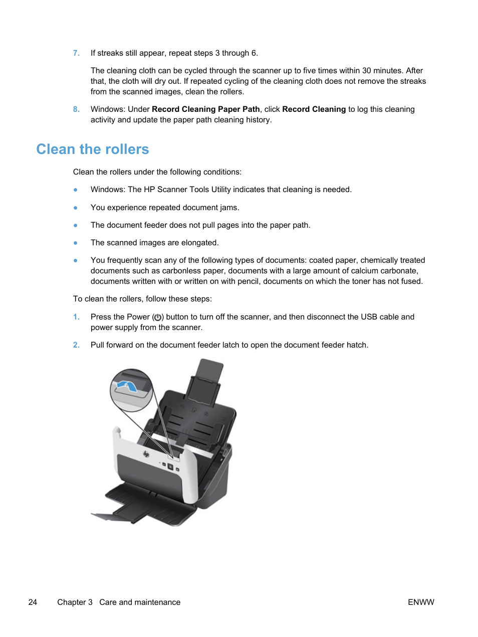 Clean the rollers | HP Scanjet Pro 3000 s2 Sheet-feed Scanner User Manual | Page 30 / 60