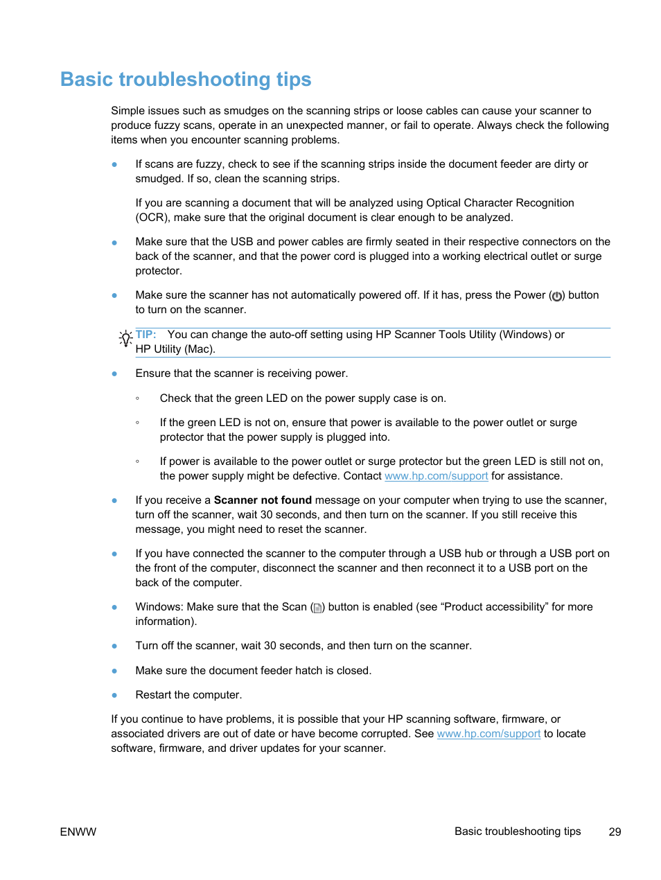 Basic troubleshooting tips | HP Scanjet Pro 3000 s2 Sheet-feed Scanner User Manual | Page 35 / 60