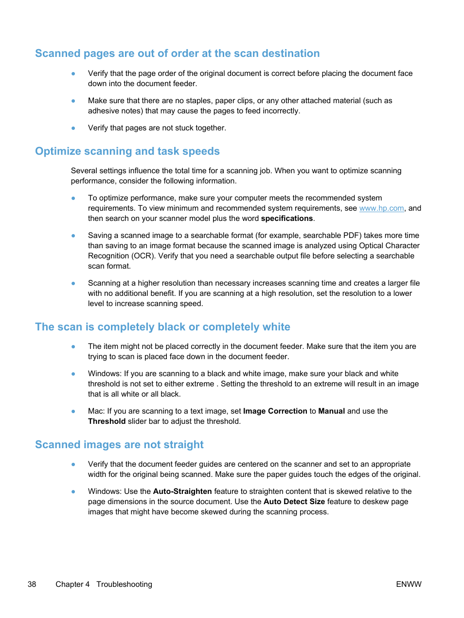 Optimize scanning and task speeds, The scan is completely black or completely white, Scanned images are not straight | HP Scanjet Pro 3000 s2 Sheet-feed Scanner User Manual | Page 44 / 60