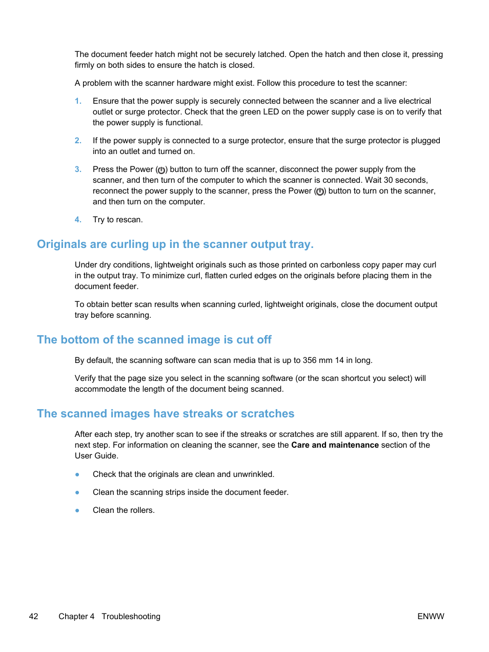 The bottom of the scanned image is cut off, The scanned images have streaks or scratches | HP Scanjet Pro 3000 s2 Sheet-feed Scanner User Manual | Page 48 / 60