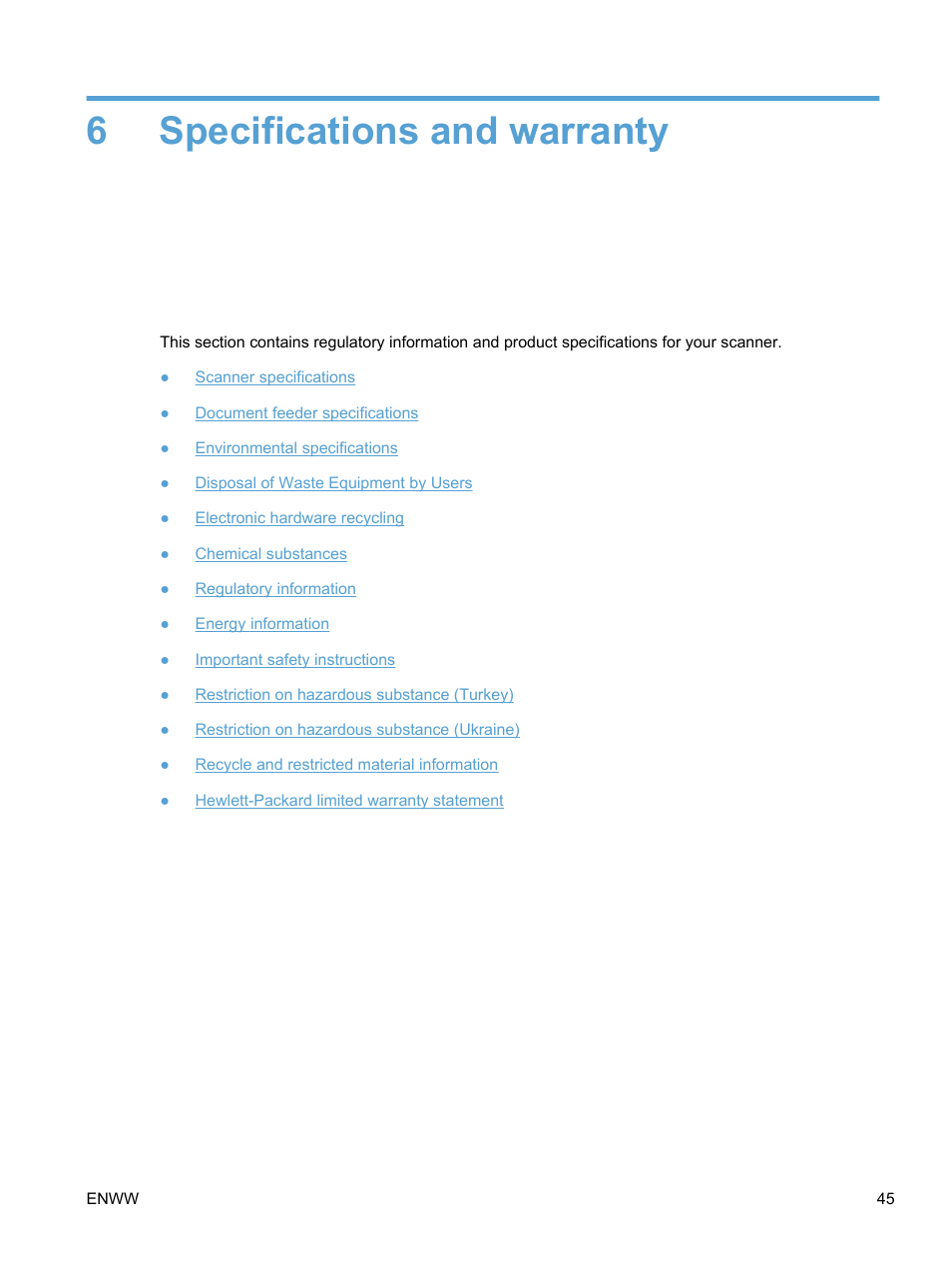 Specifications and warranty, 6 specifications and warranty, 6specifications and warranty | HP Scanjet Pro 3000 s2 Sheet-feed Scanner User Manual | Page 51 / 60